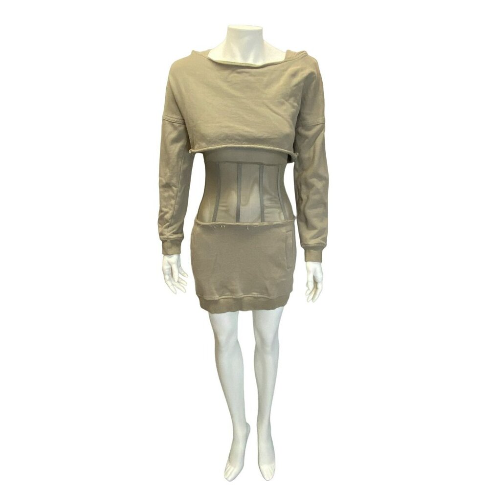 Athina Dress Tan Small Corset French Terry Cloth Soft Pockets Cropped Mini